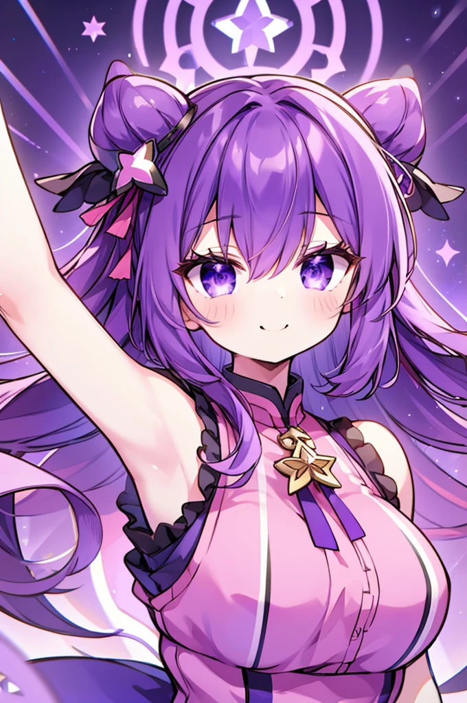 1 girl with tongue out, wide, star (symbol), view visor, (purple hair: 1.2), purple eyes, upper body, hair ornament, ruffles, pink shirt, smile, sleeveless, shirt, idol, symbol shaped pupil, punches, one side up, star-shaped pupils, arms raised looking at viewer, Peace sign, Hand raised