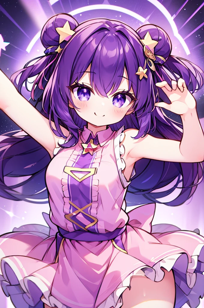 1 girl with tongue out, wide, star (symbol), view visor, (purple hair: 1.2), purple eyes, upper body, hair ornament, ruffles, pink shirt, smile, sleeveless, shirt, idol, symbol shaped pupil, punches, one side up, star-shaped pupils, arms raised looking at viewer, Peace sign, Hand raised