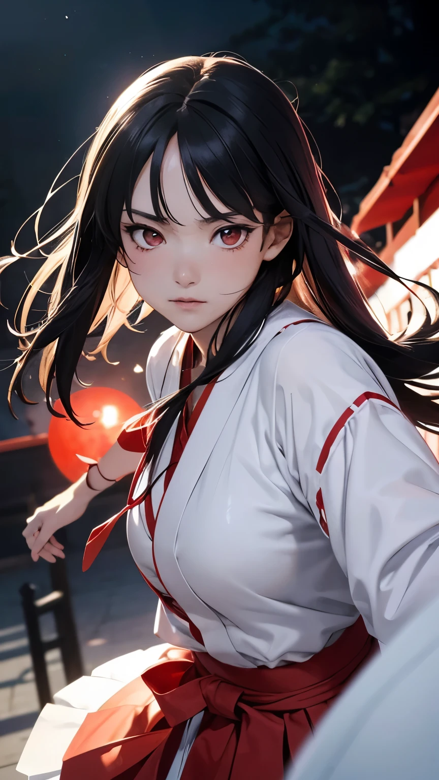 Japanese shrine maiden, girl, shrine, mysterious, human, shrine maiden clothes, short and slender person, standing, white skin, white skin, long black hair, red eyes, crazy smile, beautiful face, night, Beautiful face, white and red clothes, beautiful limbs, tamagushi, white jacket, sleeves, white gloves, traditional clothes, red skirt, black moon, red moon, looking at the viewer, intimidating gaze, (cinematic angle:1.2), drawing style, dynamic light, ultra detail, extremely detailed CG, micro intricate, highly detailed skin, highly detailed face, highly detailed pupils, highly detailed iris, RAW photo, best quality, high resolution, ((masterpiece)), realistic, sharp focus, HDR, 8K resolution, intricate detail, sophisticated detail, hyper detailed, (depth of field), highlight and shadow, volumetric lighting, highly detailed background, by Kentaro Miura:1.1, comicbookpencils:0.9, greyscale(line art:1.1)