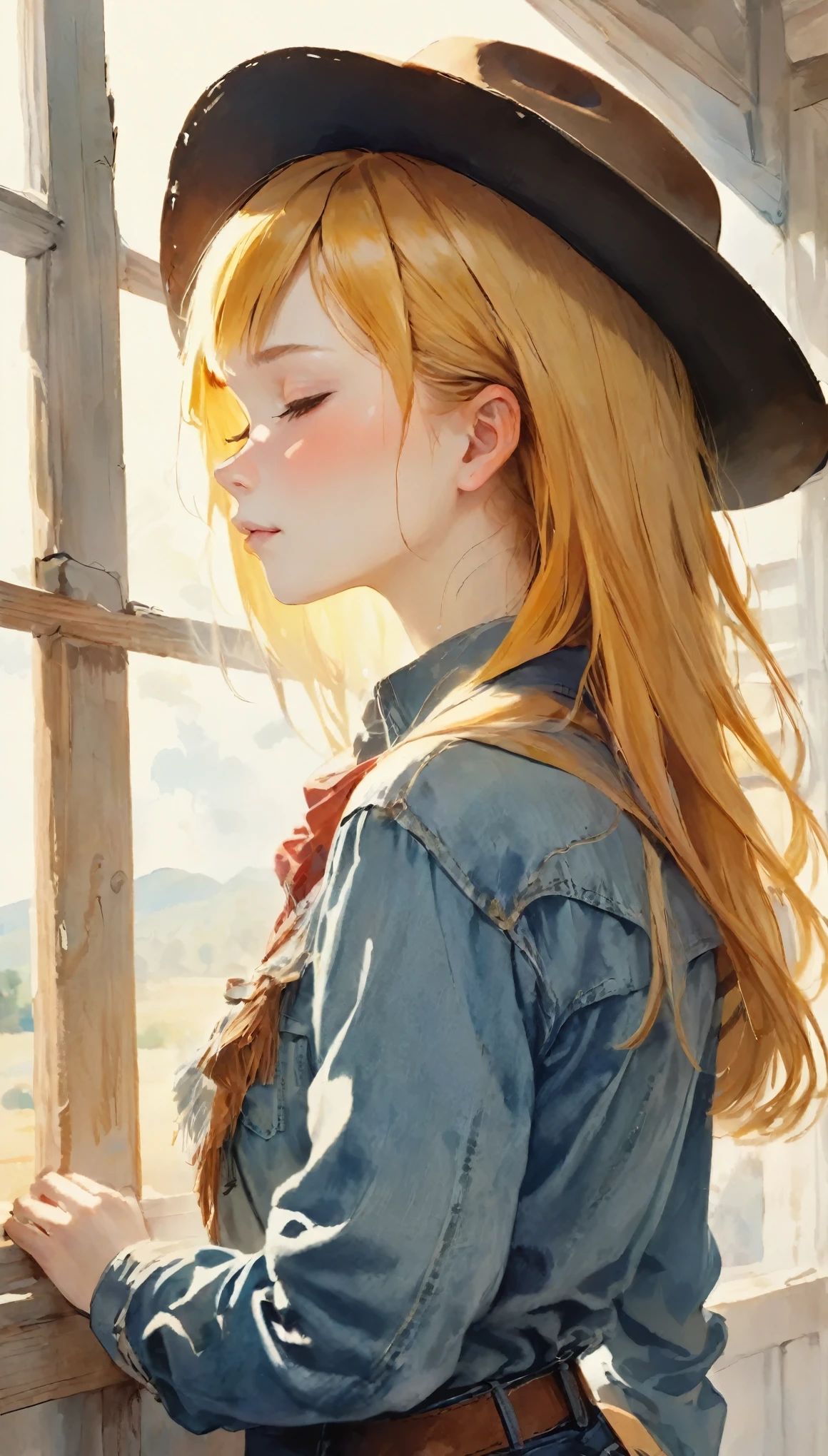 Watercolor、Light color、Beautiful colors、Perfect Anatomy、Cowboy Shot、Girl Closing Her Eyes、cute、profile