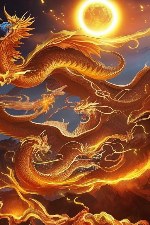 So sublime and divine々A beautiful golden dragon coiled up in the center of the screen, glaring at the camera.。金色のThe dragon is幸せをもたらす神なのでとても有難い存在である。The surrounding area is a canyon where no one can get close, and lightning is flashing in the background.、The sun is shining brightly。The dragon is、I want a realistic image。