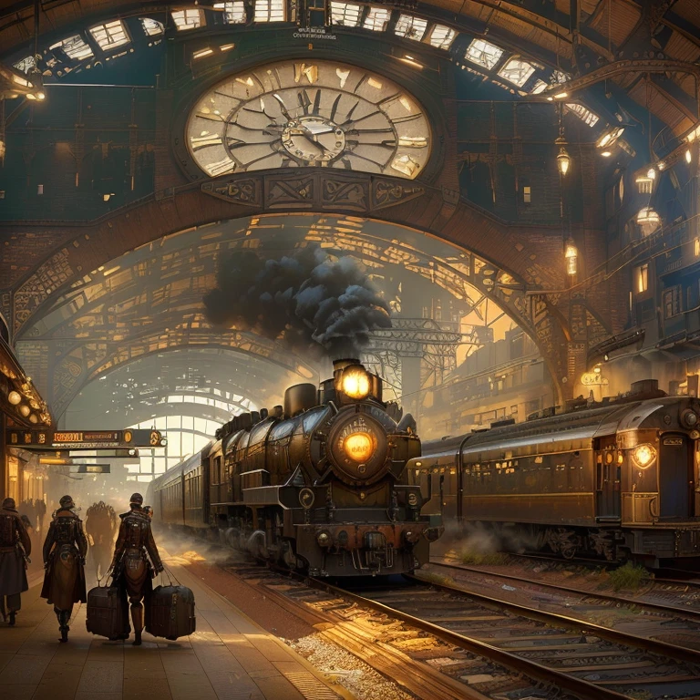 there are people walking around a train station with a clock, dieselpunk railway station, steampunk aesthetic, steampunk concept art, steampunk digital art, high quality steampunk art, magic and steam - punk inspired, digital steampunk art, steampunk art, victorian steampunk mega city, detailed steampunk illustration, golden steampunk city atmosphere, amazing wallpaper, 4k highly detailed digital art, steam-punk