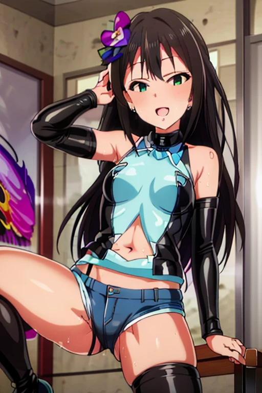 masterpiece, best quality, ultra-detailed, kawaii, cute, lovely, extremely detailed, 4K, 8K, best quality, beautiful, anime style, laboratory, rin shibuya, latex bodysuit, beautiful eyes, frustrated,orgasm,(leather jacket,naughty expression,denim shorts),(villain pose,open mouth,sweaty,be breathless),[peace],crazy smile,standing and (wide spread legs:1.2) and (squatting:0.8)