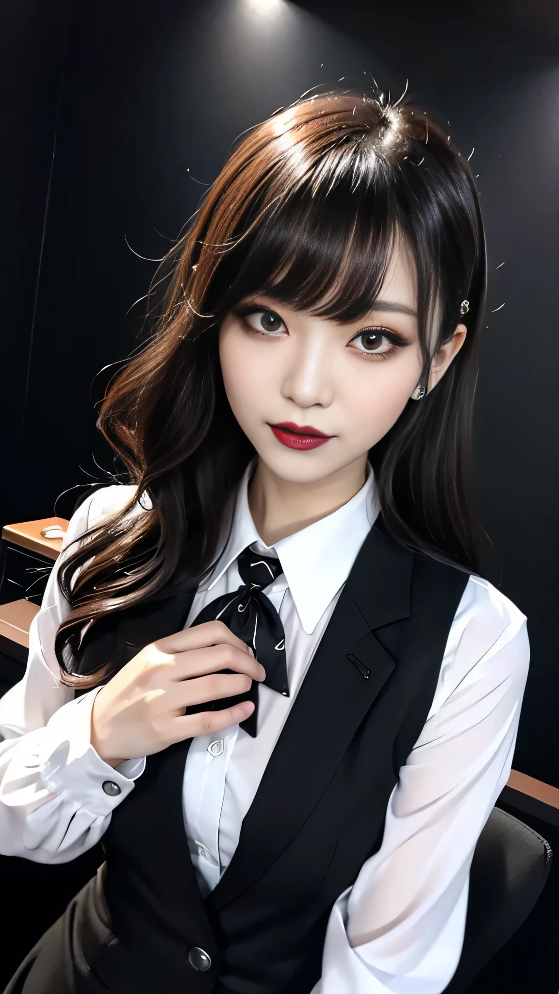 best quality、ultra-detailed、4k、Japanese、Seductive beauty、seductive adult woman、Pretty Woman、cool girl、Villainess、Brainwashed、brainwash、Fallen into evil、smirk、Evil look、Wicked Smile、evil、Brown hair、wavy hair、swept bangs、dark makeup、dark makeup、piercing eyes、hollow eyes,half-closed eyes、Hollow Eyes、purple Eyeshadow、black lipstick、black lipglos、office staff suit、suit、Jacket、Black sleeves、White Shirt、Black Ribbon、Tight Skirt、pantyhose、night、inside darkroom、Are standing、shoot from below、Have lipstick、Emblem of Evil、Crest of Darkness、Swear allegiance、I have pledged my allegiance、Dye black、Blackening、Stained with evil、Dyed in darkness、Seduce