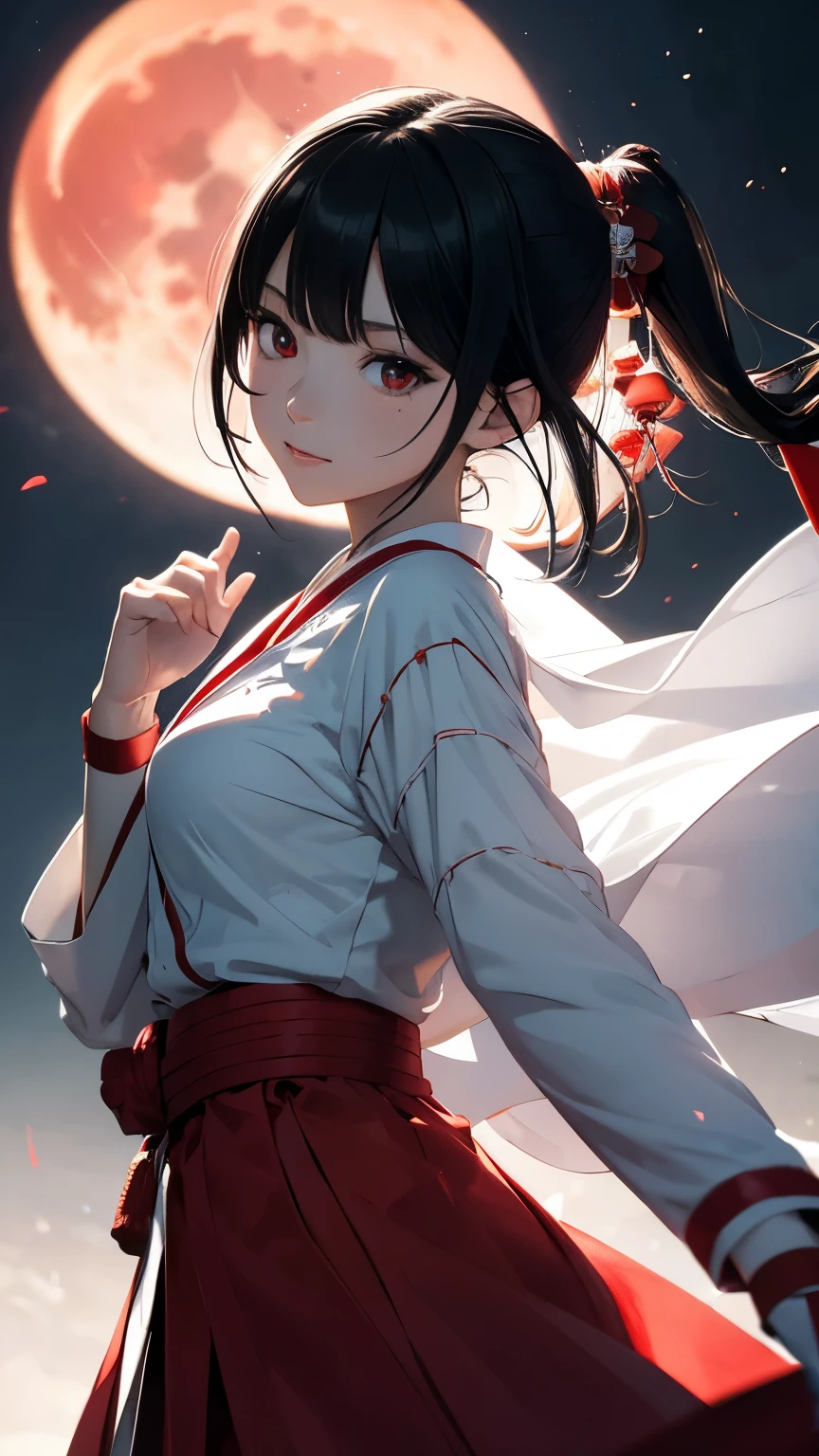 Japanese shrine maiden, girl, shrine, mysterious, human, shrine maiden clothes, short and slender person, standing, white skin, white skin, long black hair, red eyes, crazy smile, beautiful face, night, Beautiful face, white and red clothes, beautiful limbs, tamagushi, white jacket, sleeves, white gloves, traditional clothes, red skirt, black moon, red moon, looking at the viewer, intimidating gaze, (cinematic angle:1.2), drawing style, dynamic light, ultra detail, extremely detailed CG, micro intricate, highly detailed skin, highly detailed face, highly detailed pupils, highly detailed iris, RAW photo, best quality, high resolution, ((masterpiece)), realistic, sharp focus, HDR, 8K resolution, intricate detail, sophisticated detail, hyper detailed, (depth of field), highlight and shadow, volumetric lighting, highly detailed background, by Kentaro Miura:1.1, comicbookpencils:0.9, greyscale(line art:1.1)