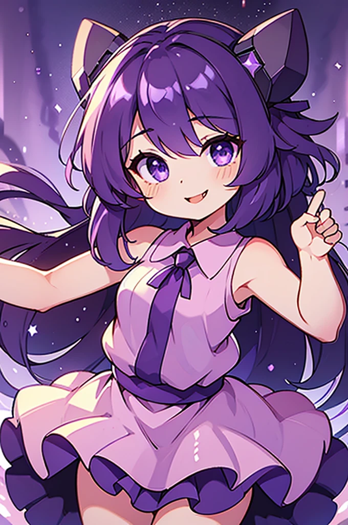 1 girl with tongue out, wide, star (symbol), view visor, (purple hair: 1.2), purple eyes, upper body, hair ornament, ruffles, pink shirt, smile, sleeveless, shirt, idol, symbol shaped pupil, punches, one side up, star-shaped pupils, arms raised looking at viewer, Peace sign, Hand raised