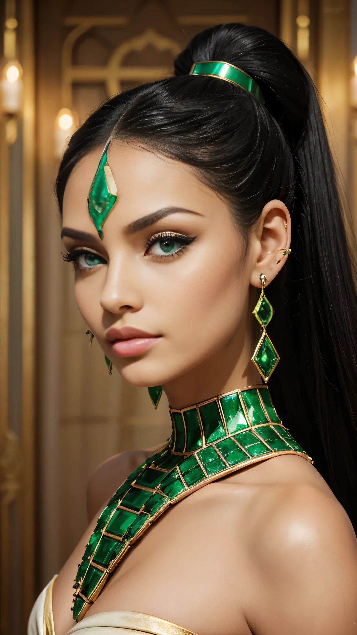 Diamond face shape, green eyes, eyes Egyptian, big lips, lips natural colored, beautiful, long hair, black hair, hair in a ponytail, green rhombus stone in the forehead, thin earrings 