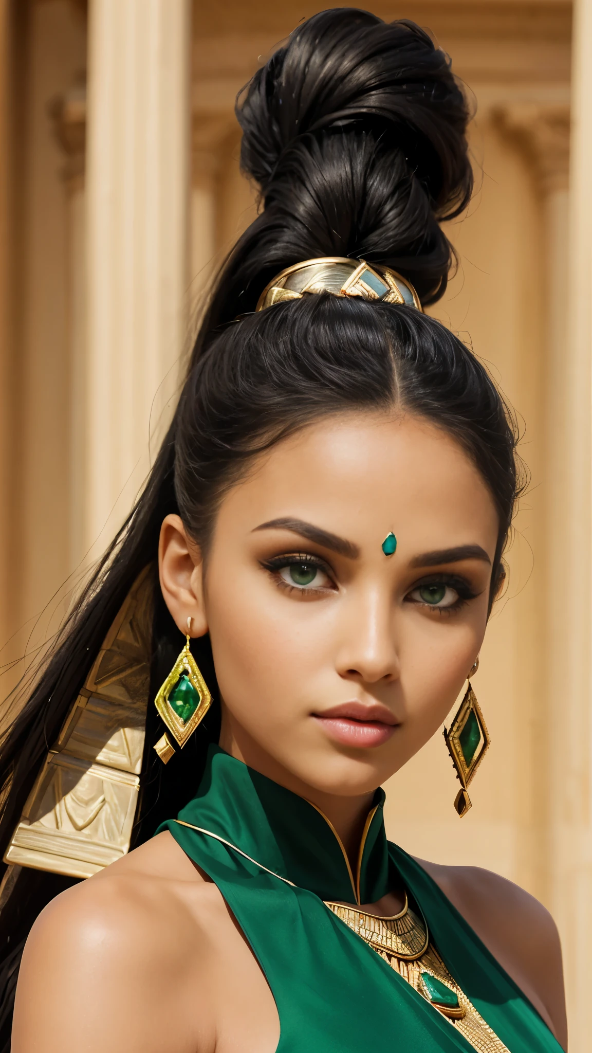 Diamond face shape, green eyes, eyes Egyptian, big lips, lips natural colored, beautiful, long hair, black hair, hair in a ponytail, green rhombus stone in the forehead, thin earrings 