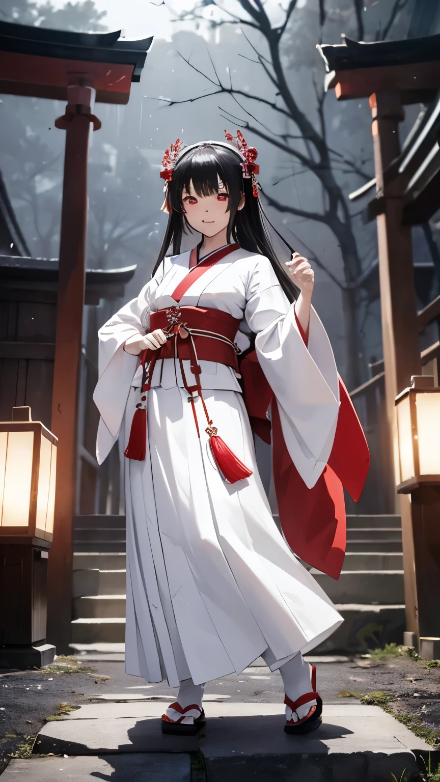 Japanese shrine maiden, girl, shrine, mysterious, human, shrine maiden clothes, short and slender person, standing, white skin, white skin, long black hair, red eyes, crazy smile, beautiful face, night, Beautiful face, white and red clothes, beautiful limbs, tamagushi, white jacket, sleeves, white gloves, traditional clothes, red skirt, black moon, red moon, looking at the viewer, intimidating gaze, (full body:1.2), drawing style, dynamic light, ultra detail, extremely detailed CG, micro intricate, highly detailed skin, highly detailed face, highly detailed pupils, highly detailed iris, RAW photo, best quality, high resolution, ((masterpiece)), realistic, sharp focus, HDR, 8K resolution, intricate detail, sophisticated detail, hyper detailed, (depth of field), highlight and shadow, volumetric lighting, highly detailed background, by Kentaro Miura:1.1, comicbookpencils:0.9, greyscale(line art:1.1)
