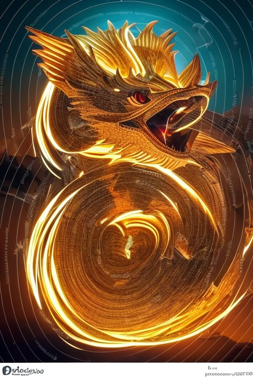 So sublime and divine々A beautiful golden dragon coiled up in the center of the screen, glaring at the camera.。金色のThe dragon is幸せをもたらす神なのでとても有難い存在である。The surrounding area is a canyon where no one can get close, and lightning is flashing in the background.、The sun is shining brightly。The dragon is、I want a realistic image。