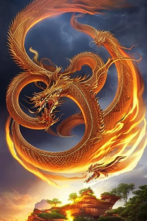 So sublime and divine々A beautiful golden dragon coiled up in the center of the screen, glaring at the camera.。金色のThe dragon is幸せをもたらす神なのでとても有難い存在である。The surrounding area is a canyon where no one can get close, and lightning is flashing in the background.、The sun is shining brightly。The dragon is、I want a realistic image。