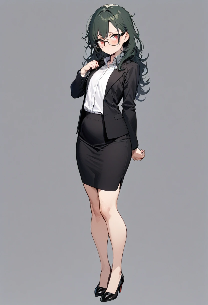 masterpiece, best quality, 1 female, solo, 35 year old female,full body,standing ,office lady, black skirt, black blazer, pencil skirt, white shirt,,flat chest,Long Hair, Dark Green Hair,messy hair,glasses, red eyes,Shy , wide hips,tall,
