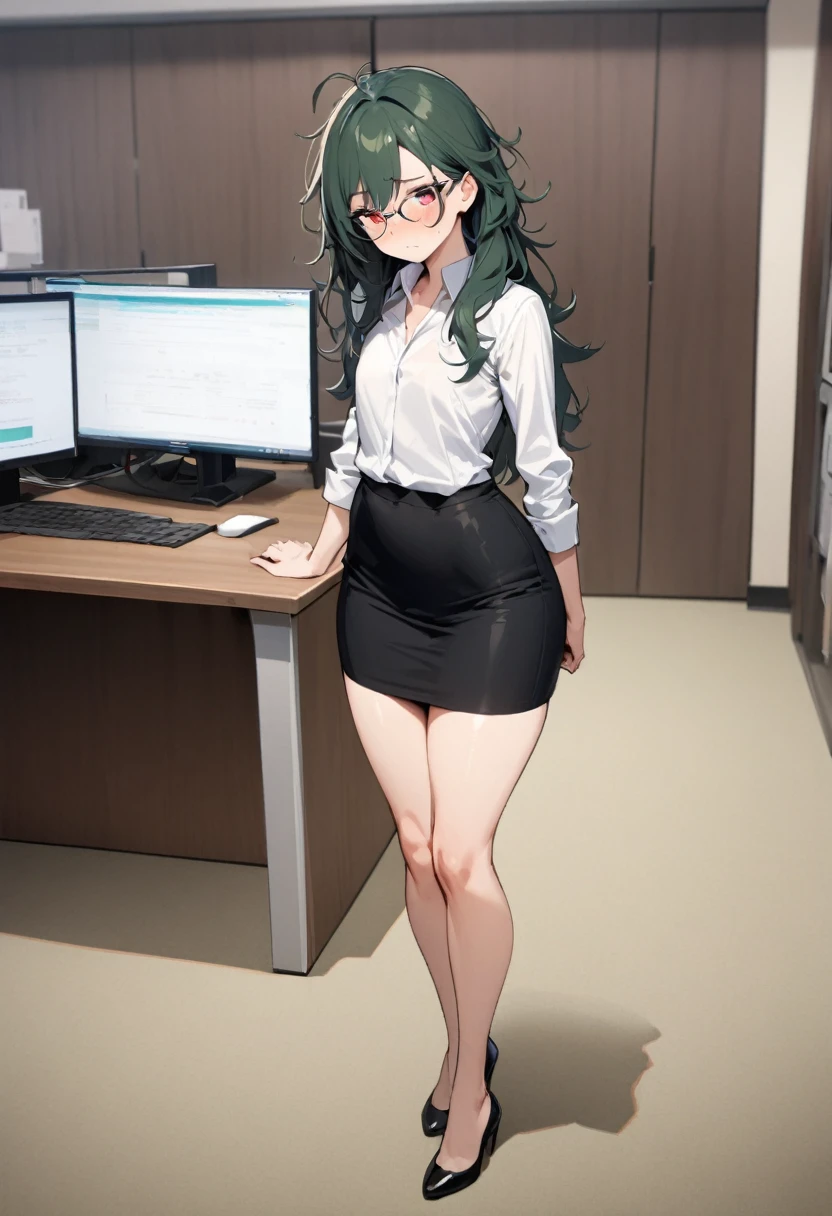 masterpiece, best quality, 1 female, solo, 35 year old female,full body,standing ,office lady, black skirt, black blazer, pencil skirt, white shirt,,flat chest,Long Hair, Dark Green Hair,messy hair,glasses, red eyes,Shy , wide hips,tall,