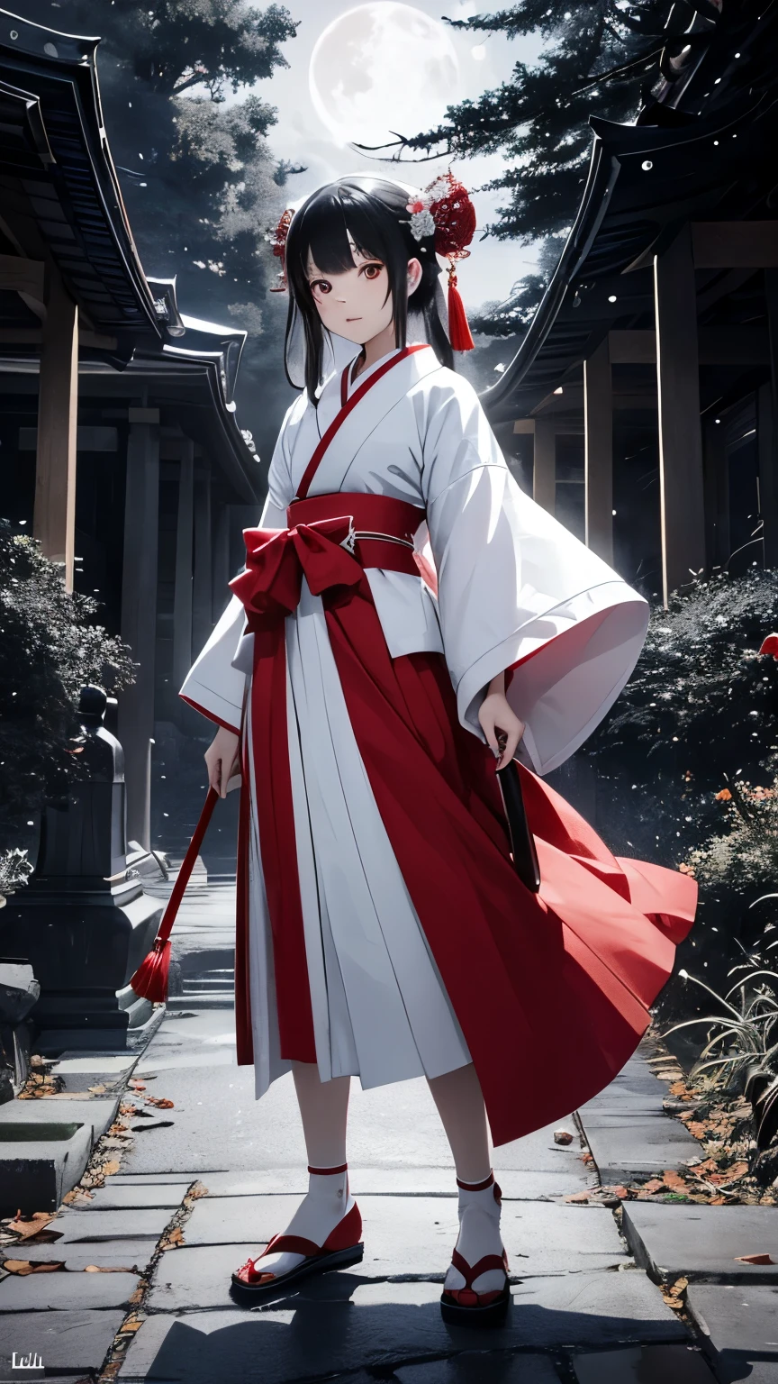 Japanese shrine maiden, girl, shrine, mysterious, human, shrine maiden clothes, short and slender person, standing, white skin, white skin, long black hair, red eyes, crazy smile, beautiful face, night, Beautiful face, white and red clothes, beautiful limbs, tamagushi, white jacket, sleeves, white gloves, traditional clothes, red skirt, black moon, red moon, looking at the viewer, intimidating gaze, (full body:1.2), drawing style, dynamic light, ultra detail, extremely detailed CG, micro intricate, highly detailed skin, highly detailed face, highly detailed pupils, highly detailed iris, RAW photo, best quality, high resolution, ((masterpiece)), realistic, sharp focus, HDR, 8K resolution, intricate detail, sophisticated detail, hyper detailed, (depth of field), highlight and shadow, volumetric lighting, highly detailed background, by Kentaro Miura:1.1, comicbookpencils:0.9, greyscale(line art:1.1)