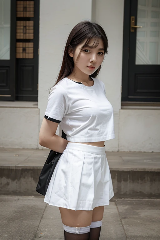 Cute Korean girl wearing a short white skirt, with white stockings, wearing a black shirt with short sleeves