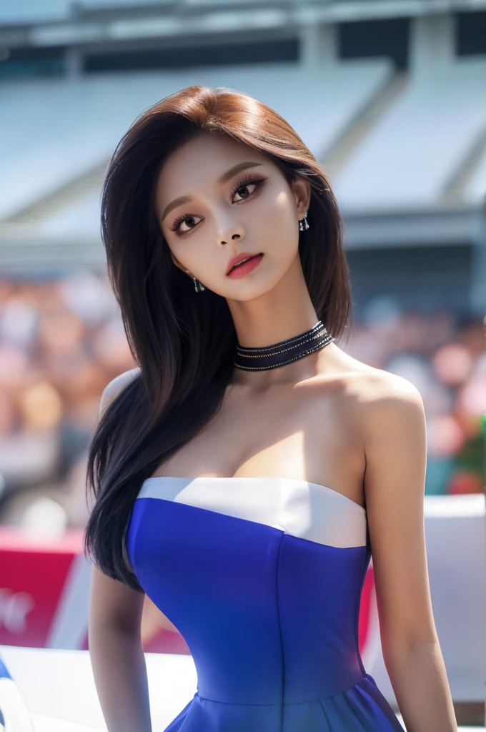 Tzuyu 1, woman, (Realistic), (Hyperrealism), (photoRealistic), Written boundary depth, eye make up:0.7 (whole body:1.2), (Large Bust),(Tight waist), Observe the audience,In the pits of a race track, Race Queen, A sexy dress with open shoulders and neckline