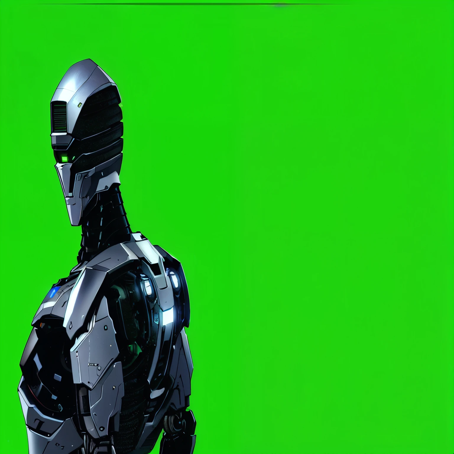 a close up of a robot with a green background, green screen background, mocap, cinematic widescreen shot, green screen, cgi animation, movie cgi, 8 k uhd poser, vfx render, bigstudiovfx, movie still of a cool cyborg facing away from camera, back turned to us, 15 mm octane render, black octane render, 8k octane render uhd, solid background, cgi render