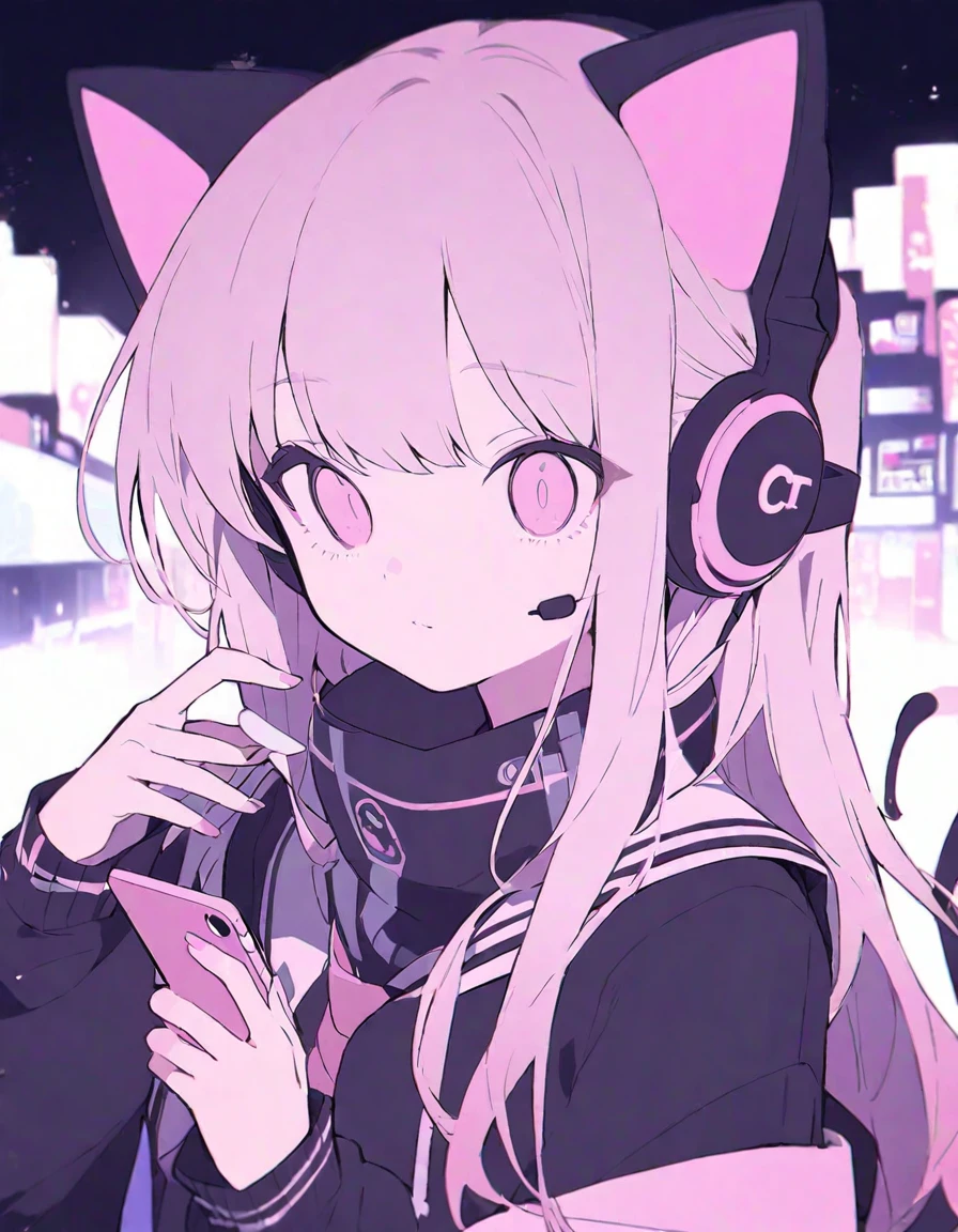 One girl、cute、black、black髪、black色パーカー、earphone、Cat ear headphones、Looking at smartphone、(Flat Color 0.5)、blackい背景