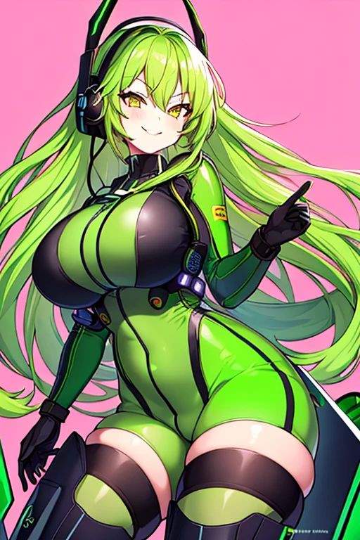 1girl, green hair, vr visors, visord, head-mounted display, mind control, hypnosis, dark persona, covered eyes, bodysuit, black bodysuit, salute, spread legs, squatting, science-fiction, machinery, futuristic, tech, neon, neon trim, large breasts, thick thighs, wide hips,