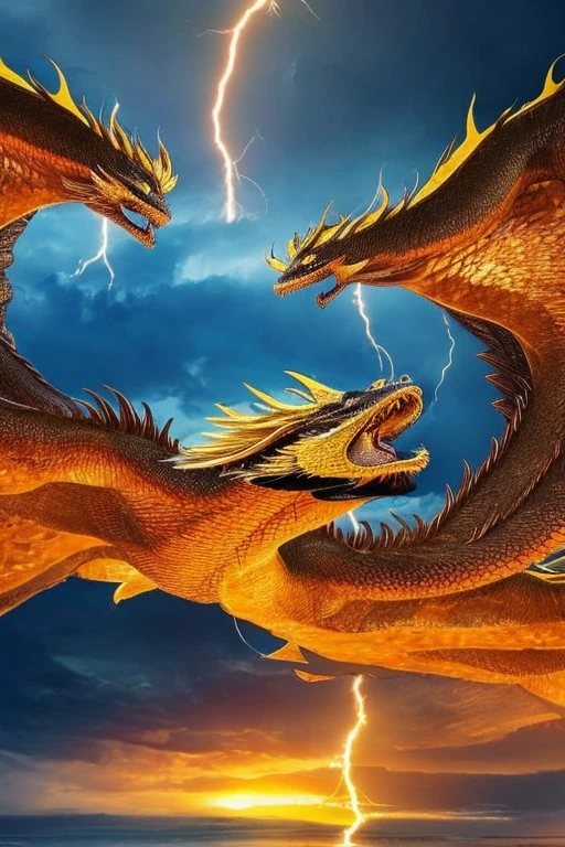 So sublime and divine々A beautiful golden dragon coiled up in the center of the screen, glaring at the camera.。金色のThe dragon is幸せをもたらす神なのでとても有難い存在である。The surrounding area is a canyon where no one can get close, and lightning is flashing in the background.、The sun is shining brightly。The dragon is、I want a realistic image。