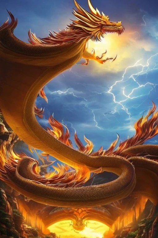 So sublime and divine々A beautiful golden dragon coiled up in the center of the screen, glaring at the camera.。金色のThe dragon is幸せをもたらす神なのでとても有難い存在である。The surrounding area is a canyon where no one can get close, and lightning is flashing in the background.、The sun is shining brightly。The dragon is、I want a realistic image。