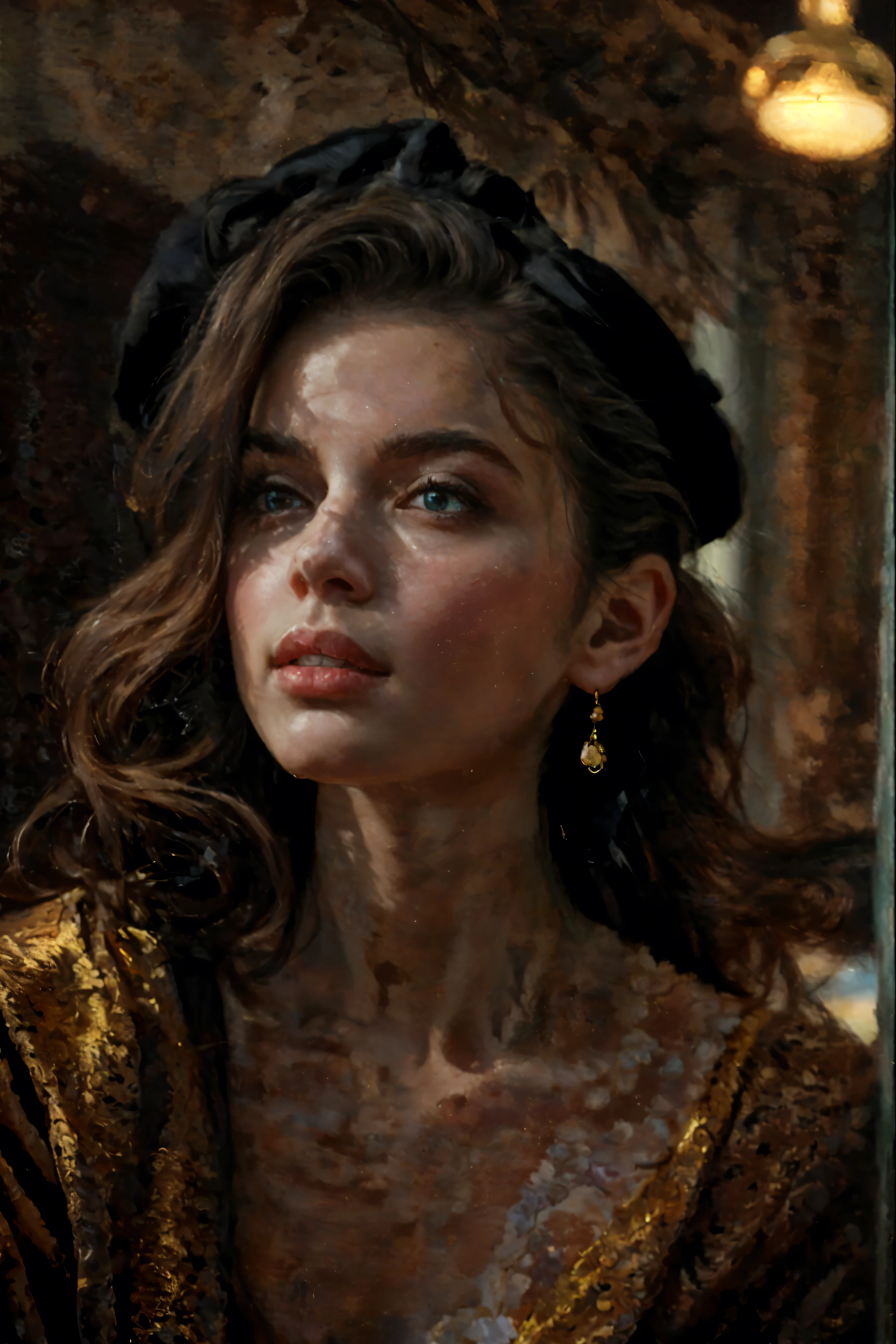 Create an image that captures the essence of classical art and award-winning painting, drawing inspiration from Monet oil paintings. Visualize a enchanting oil painting of beautiful French female in a Parisian Cafe. Her skin should be meticulously detailed, with eyes that glow with life, and a facial structure that fits the golden ratio of attractiveness, including clear double eyelids and perfectly applied lip gloss on pale lips. | She is dressed in an elegant Parisian outfit with female beret, and she is moving with a dynamic and bold grace. The setting is a beautiful Parisian cafe, with her poised under the warm light of sunlight, casting striking shadows around her. Capture her from a low angle to reveal her whole body in a dynamic pose, adding to the intensity of the scene. She looks dreamily into the distance, her expression both engaging and ethereal. | Rendered in ultra-high detail and quality, this masterpiece ensures anatomical correctness and textured skin with super detail. With a focus on high quality and accuracy, this award-winning portrayal captures every nuance in stunning 16k resolution, immersing viewers in its lifelike depiction. | ((elegant parisian outfit):1.1), ((fancy handgloves):1.1), ((female beret):1.1). | (((anatomical correctness))), (((perfect_fingers))), (((perfect_legs))), (((perfect_hands))), ((perfect_composition, perfect_design, perfect_layout, perfect_detail, ultra_detailed)), ((enhance_all, fix_everything)), More Detail, Enhance.