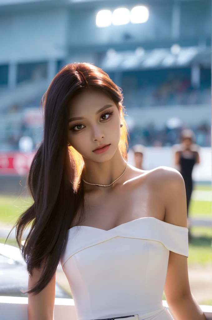 Tzuyu 1, woman, (Realistic), (Hyperrealism), (photoRealistic), Depth of written boundary, eye make up:0.7 (whole body:1.2), (Large Bust),(Tight waist), Watching the audience,In the pits at the racing track, Race Queen, Sexy dress with open shoulders and neckline