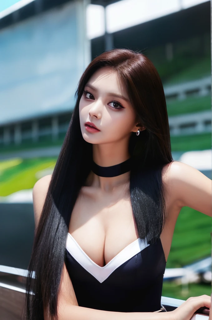 Tzuyu 1, woman, (Realistic), (Hyperrealism), (photoRealistic), Depth of written boundary, eye make up:0.7 (whole body:1.2), (Large Bust),(Tight waist), Watching the audience,In the pits at the racing track, Race Queen, Sexy dress with open shoulders and neckline