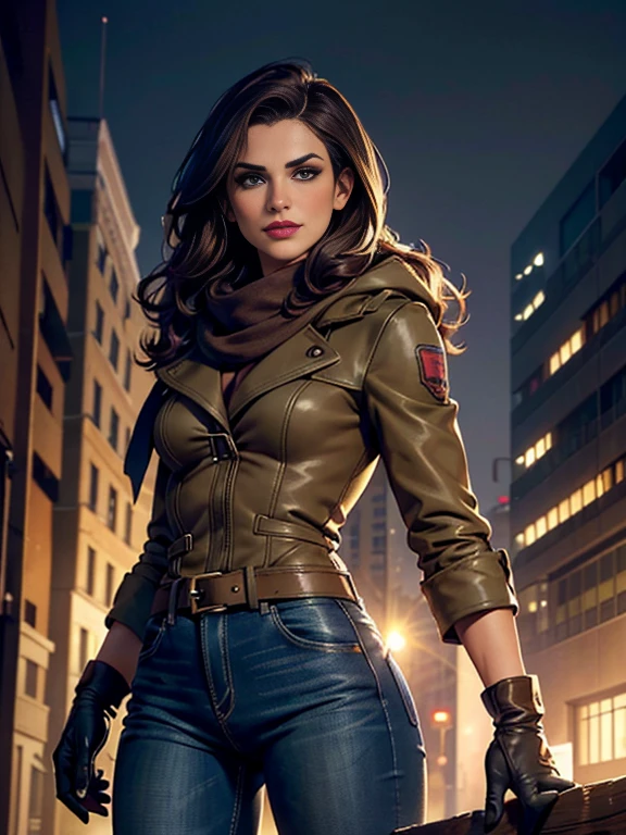 Lea Michele、(masterpiece:1.0), (Highest_quality:1.2), (Dark Shot:1.3), Classic Rogue, 1991 Rogue X-Men, 1 girl, Only 1, Head to Toe, standing on street corner, Elegant pose, (clothing: Brown winter coat, Brown color hood, Down lining, White scarf, gloves, jeans) Medium length hair, Brown Hair, Wavy Hair, One gray hair, Green Eyes, Mischievous look, Grin, Lips parted, Red lipstick, Heavy makeup, Confident expression, Backlight, (realism: 1.5), (Realistic: 1.4), (Disorganized:1.4), 8k, Very detailed, Detailed beautiful woman, (background: Midnight, it's snowing, On the streets of New York, Snowy Night), Official Art, Very detailed CG Unity 8k wallpaper, Perfect lighting, colorful, 超High resolution, photograph, 8k, High resolution, Kodak Portrait 400, Film Grain, blurry background, (Bokeh:1.2), (Vibrant_color:1.2), Film Grain:1.2, (Warm colors, Warm Tones:1.2), (color photo), Professional Photograph