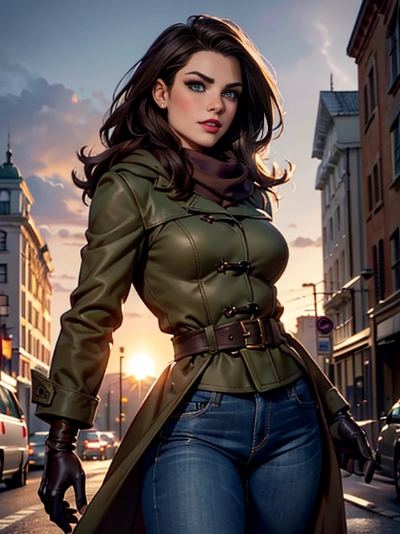 Lea Michele、(masterpiece:1.0), (Highest_quality:1.2), (Dark Shot:1.3), Classic Rogue, 1991 Rogue X-Men, 1 girl, Only 1, Head to Toe, standing on street corner, Elegant pose, (clothing: Brown winter coat, Brown color hood, Down lining, White scarf, gloves, jeans) Medium length hair, Brown Hair, Wavy Hair, One gray hair, Green Eyes, Mischievous look, Grin, Lips parted, Red lipstick, Heavy makeup, Confident expression, Backlight, (realism: 1.5), (Realistic: 1.4), (Disorganized:1.4), 8k, Very detailed, Detailed beautiful woman, (background: Midnight, it's snowing, On the streets of New York, Snowy Night), Official Art, Very detailed CG Unity 8k wallpaper, Perfect lighting, colorful, 超High resolution, photograph, 8k, High resolution, Kodak Portrait 400, Film Grain, blurry background, (Bokeh:1.2), (Vibrant_color:1.2), Film Grain:1.2, (Warm colors, Warm Tones:1.2), (color photo), Professional Photograph