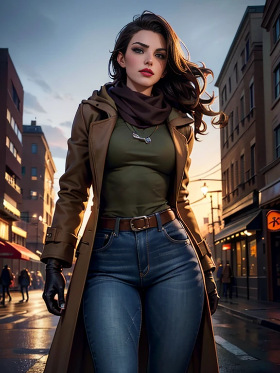 Lea Michele、(masterpiece:1.0), (Highest_quality:1.2), (Dark Shot:1.3), Classic Rogue, 1991 Rogue X-Men, 1 girl, Only 1, Head to Toe, standing on street corner, Elegant pose, (clothing: Brown winter coat, Brown color hood, Down lining, White scarf, gloves, jeans) Medium length hair, Brown Hair, Wavy Hair, One gray hair, Green Eyes, Mischievous look, Grin, Lips parted,  Red lipstick, Heavy makeup, Confident expression, Backlight, (realism: 1.5), (Realistic: 1.4), (Disorganized:1.4), 8k, Very detailed, Detailed beautiful woman,  (background: Midnight, it&#39;s snowing, On the streets of New York, Snowy Night), Official Art, Very detailed CG Unity 8k wallpaper, Perfect lighting, colorful, 超High resolution, photograph, 8k, High resolution, Kodak Portrait 400, Film Grain, blurry background, (Bokeh:1.2), (Vibrant_color:1.2), Film Grain:1.2, (Warm colors, Warm Tones:1.2), (color photo), Professional Photograph