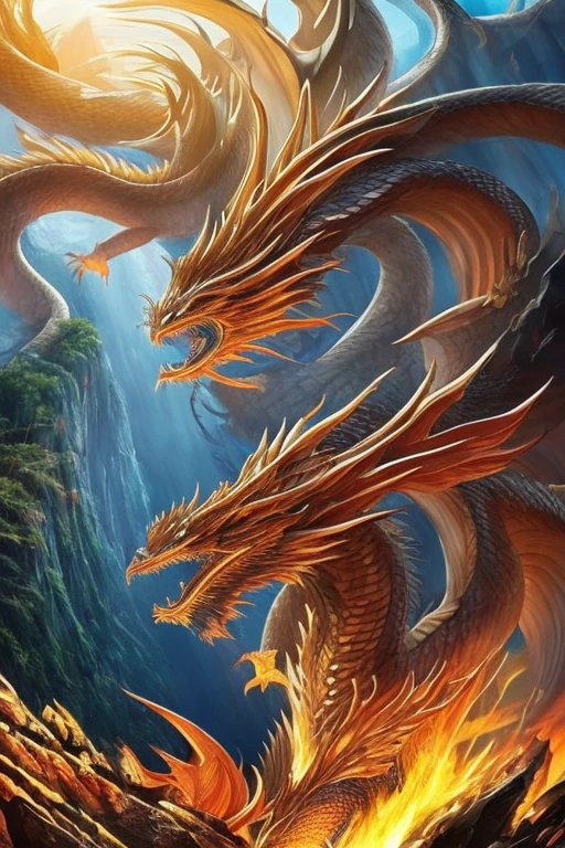 So sublime and divine々A beautiful golden dragon coiled up in the center of the screen, glaring at the camera.。金色のThe dragon is幸せをもたらす神なのでとても有難い存在である。The surrounding area is a canyon where no one can get close, and lightning is flashing in the background.、The sun is shining brightly。The dragon is、I want a realistic image。
