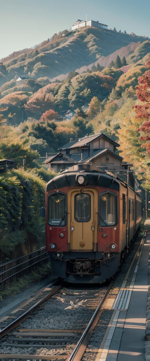 ((masterpiece, highest quality, Highest image quality, High resolution, photorealistic, Raw photo, 8K)), Train coming into the station, train in the background, [ graphic photo ], Karuizawa, train, portrait! outdoor, museum, viewpoint photo, exhibition, small station in the countryside of Japan, travel, train, iphone photo, very real, outdoor photo,