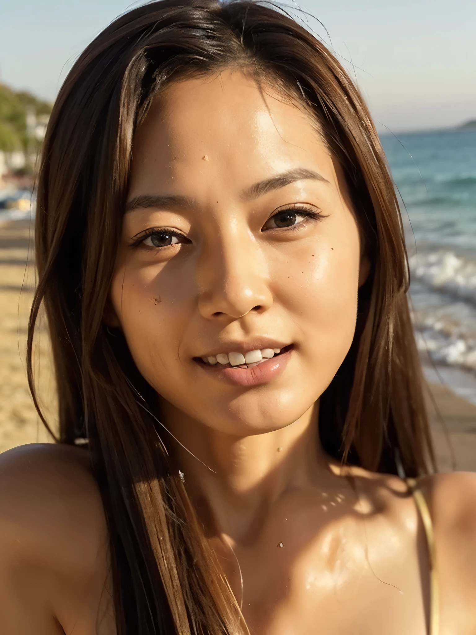 Asian girl in the beach, looking at the camera, big boobs, beautiful looking, dslr look, award winning