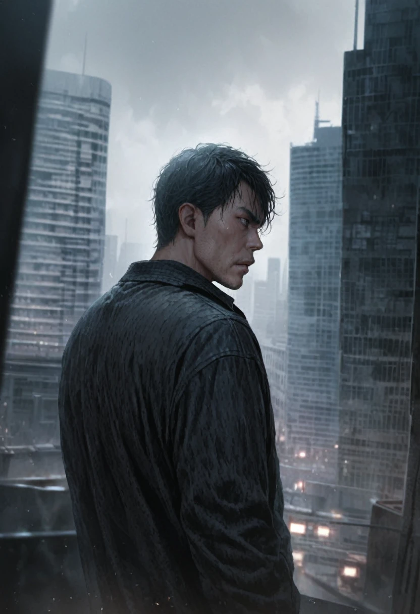 A half-body raw portrait of a man standing on top of a tall building, ultra-realistic, with significant depth of field, cityscape background, detailed textures, dramatic lighting, sharp focus, moody atmosphere.,gutto2024abr