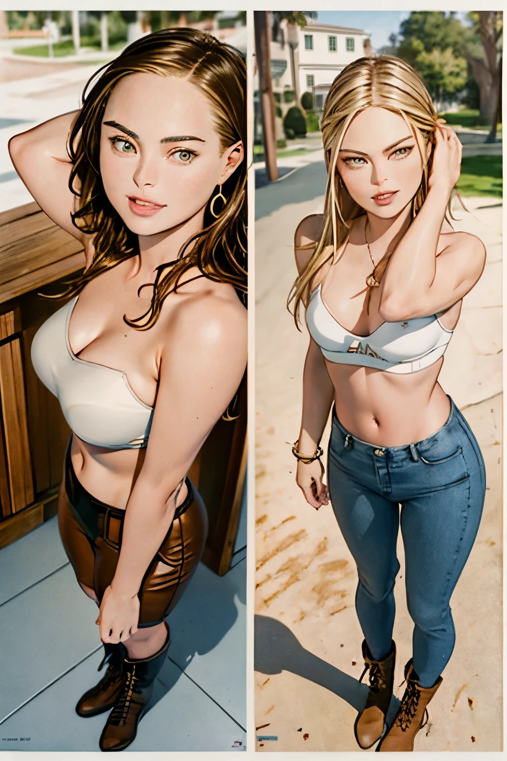 portrait of a beautiful 25 year old girl full lips, symmetrical face, blend of (Alexis Dziena:1.1), (Maria Sharapova:1.6), (Jennifer Connelly:0.8)brunette, natural beauty, beautiful girl, casual, playful, smirking, movie poster style, standing, boardwalk, casual pose, strapless bra, leather pants, boots, thin bracelet,