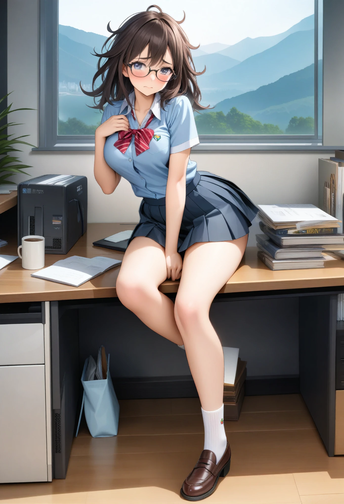 1girl, solo, school girl, glasses, sexy, nerdy, messy hair, full body, sock, short sleeve, shy, miniskirt, breast, pleated skirt, 

((transparent background)),
8K, HD, HDR, masterpiece quality,
