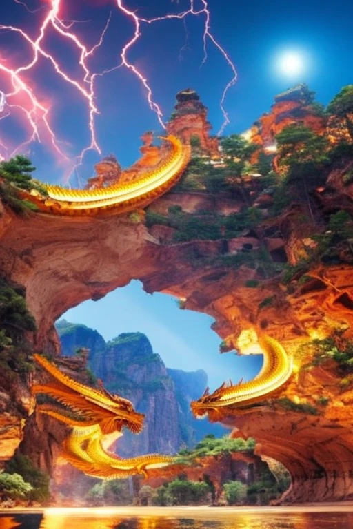 So sublime and divine々A beautiful golden dragon coiled up in the center of the screen, glaring at the camera.。金色のThe dragon is幸せをもたらす神なのでとても有難い存在である。The surrounding area is a canyon where no one can get close, and lightning is flashing in the background.、The sun is shining brightly。The dragon is、I want a realistic image。