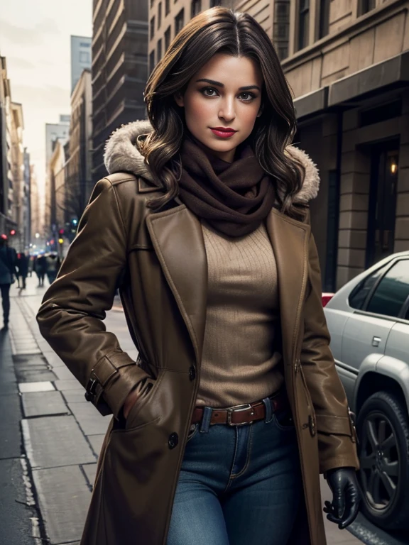 Lea Michele、(masterpiece:1.0), (Highest_quality:1.2), (Dark Shot:1.3), Classic Rogue, 1991 Rogue X-Men, 1 girl, Only 1, Head to Toe, standing on street corner, Elegant pose, (clothing: Brown winter coat, Brown color hood, Down lining, White scarf, gloves, jeans) Medium length hair, Brown Hair, Wavy Hair, One gray hair, Green Eyes, Mischievous look, Grin, Lips parted, Red lipstick, Heavy makeup, Confident expression, Backlight, (realism: 1.5), (Realistic: 1.4), (Disorganized:1.4), 8k, Very detailed, Detailed beautiful woman, (background: Midnight, it's snowing, On the streets of New York, Snowy Night), Official Art, Very detailed CG Unity 8k wallpaper, Perfect lighting, colorful, 超High resolution, photograph, 8k, High resolution, Kodak Portrait 400, Film Grain, blurry background, (Bokeh:1.2), (Vibrant_color:1.2), Film Grain:1.2, (Warm colors, Warm Tones:1.2), (color photo), Professional Photograph