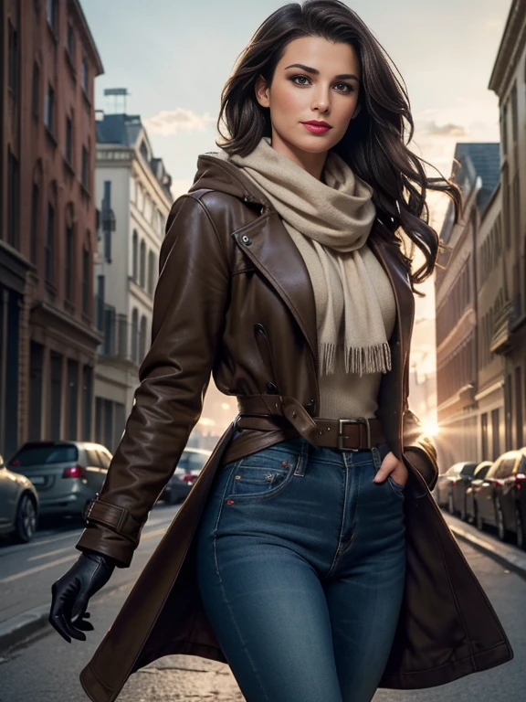 Lea Michele、(masterpiece:1.0), (Highest_quality:1.2), (Dark Shot:1.3), Classic Rogue, 1991 Rogue X-Men, 1 girl, Only 1, Head to Toe, standing on street corner, Elegant pose, (clothing: Brown winter coat, Brown color hood, Down lining, White scarf, gloves, jeans) Medium length hair, Brown Hair, Wavy Hair, One gray hair, Green Eyes, Mischievous look, Grin, Lips parted,  Red lipstick, Heavy makeup, Confident expression, Backlight, (realism: 1.5), (Realistic: 1.4), (Disorganized:1.4), 8k, Very detailed, Detailed beautiful woman,  (background: Midnight, it&#39;s snowing, On the streets of New York, Snowy Night), Official Art, Very detailed CG Unity 8k wallpaper, Perfect lighting, colorful, 超High resolution, photograph, 8k, High resolution, Kodak Portrait 400, Film Grain, blurry background, (Bokeh:1.2), (Vibrant_color:1.2), Film Grain:1.2, (Warm colors, Warm Tones:1.2), (color photo), Professional Photograph