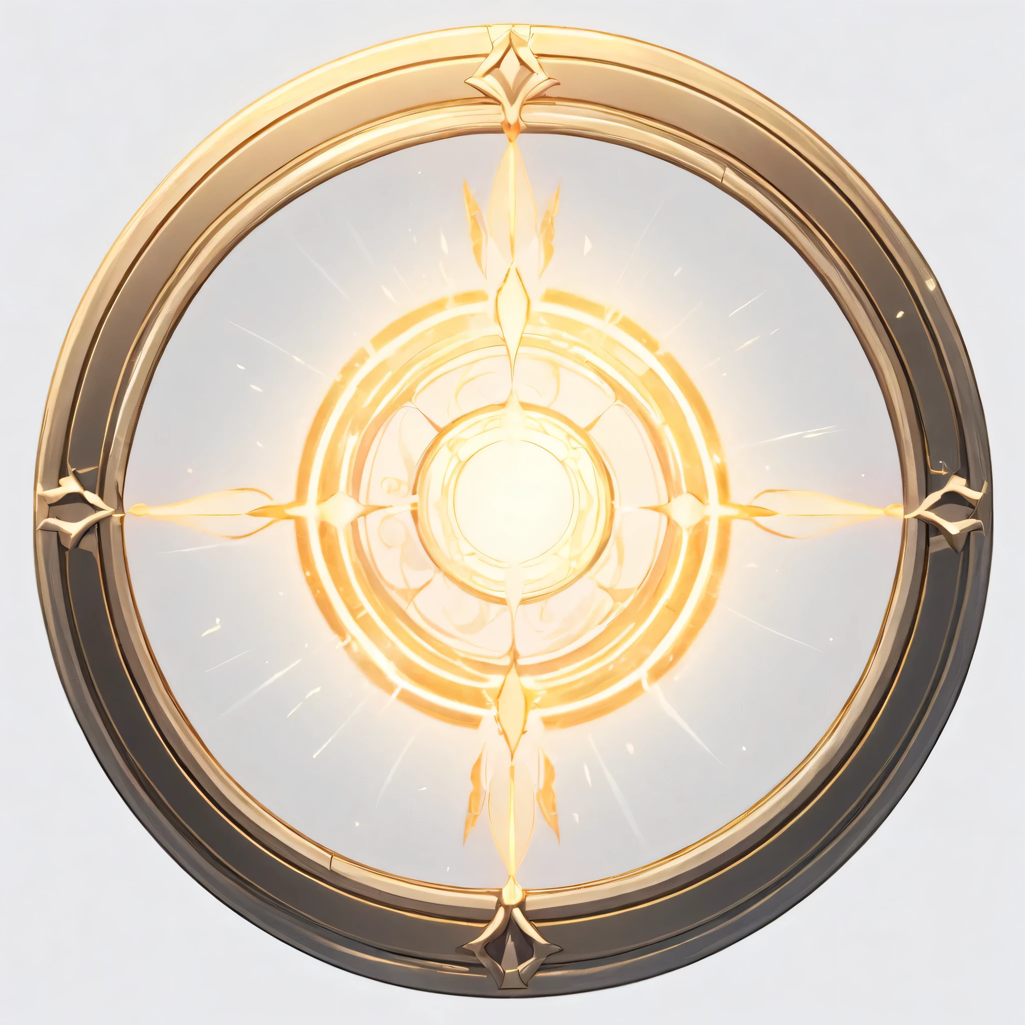 masterpiece, best quality, official art, perfectly symmetrical circle icon for card game. Perfect circle. The circle has a very thin and delicate frame around it that's simple and isnt adorned or detailed. The circle is simple and lacks any details. The circle softly glows white and has gusts of wind coming from it in a circular motion, white background, 8k, anime-inspired style, no people, no weapons, no humans, no robots, no logo