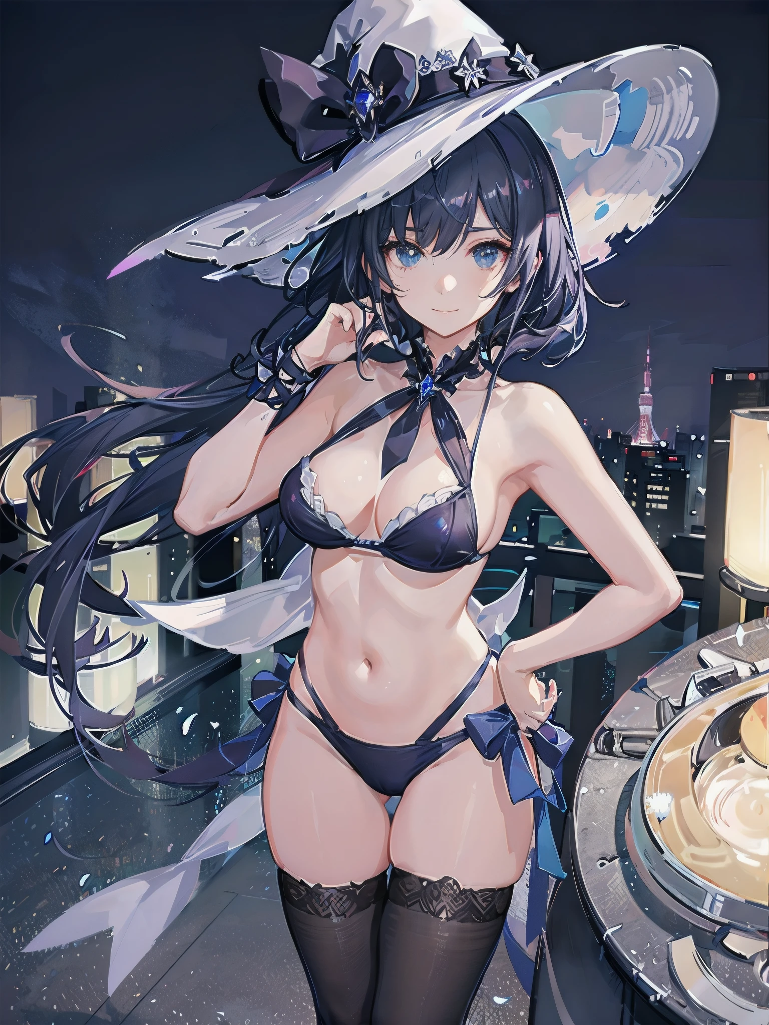 A girl stands on the rooftop of a high-rise building overlooking the late-night Tokyo nightscape.、She has a short bob with a white lob of hair and wears a large black witch hat with sapphire jewelry.、A high school student wearing a navy blue bikini-type swimsuit with a white ribbon、She wears a large witch's hat with a small sapphire accessory、A few star creams、Beautiful starry sky、Beautiful night view、large witch's hat 、Navy blue bikini pants that dig into your stomach、Small breasts、Small breasts、Navy blue swimsuit top with white frills、I see my stomach、The area around the stomach is bare skin.、Belly button、Halterneck bikini、She is wearing hot pants、She is wearing a long black coat with the front open.、Illuminated roof terrace、She is wearing hot pants over her swimsuit.、
