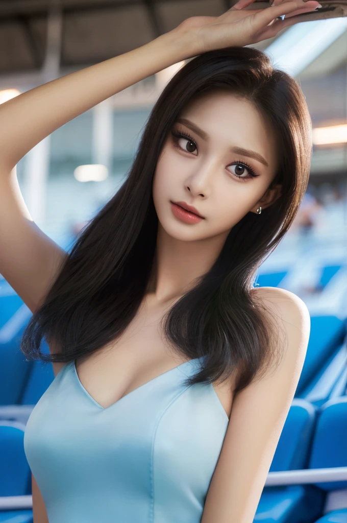 Tzuyu 1, woman, (Realistic), (Hyperrealism), (photoRealistic), Depth of written boundary, eye make up:0.7 (whole body:1.2), (Large Bust),(Tight waist), Watching the audience,In the pits at the racing track, Race Queen, Sexy dress with open shoulders and neckline
