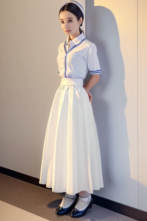 (Super detailed, highest quality, Detailed face, Anatomically perfect body), Shiny skin, (1 girl), Dwarf, Moderate, (I want to pee, An urgent need to go to the toilet, wants to pee:1.2), (Queue for the toilet:1.2), (Are standing:1.3), (White Uniform:1.3), (Long skirt:1.8), (socks, Leather shoes, Hime cut:1.3), (Knees together and feet apart:1.4), (Rubbing each other's thighs:1.5), (Place your hands between your legs:1.2), (Leaning forward:1.1), (Hold your groin:1.4), (The girl can't stand up straight), (The pupils constrict:1.2), (blush:1.8), (Embarrassment:1.5), Flowing sweat, (impatience, Sense of crisis:2), (pain:1.2), (shortness of breath:1.4), (avert your eyes:1.3), (whole body:1.4), From below, From the side