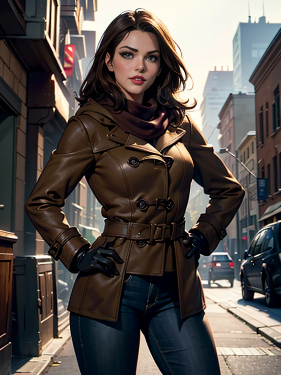 Rachel Bilson、(masterpiece:1.0), (Highest_quality:1.2), (Dark Shot:1.3), Classic Rogue, 1991 Rogue X-Men, 1 girl, Only 1, Head to Toe, standing on street corner, Elegant pose, (clothing: Brown winter coat, Brown color hood, Down lining, White scarf, gloves, jeans) Medium length hair, Brown Hair, Wavy Hair, One gray hair, Green Eyes, Mischievous look, Grin, Lips parted,  Red lipstick, Heavy makeup, Confident expression, Backlight, (realism: 1.5), (Realistic: 1.4), (Disorganized:1.4), 8k, Very detailed, Detailed beautiful woman,  (background: Midnight, it&#39;s snowing, On the streets of New York, Snowy Night), Official Art, Very detailed CG Unity 8k wallpaper, Perfect lighting, colorful, 超High resolution, photograph, 8k, High resolution, Kodak Portrait 400, Film Grain, blurry background, (Bokeh:1.2), (Vibrant_color:1.2), Film Grain:1.2, (Warm colors, Warm Tones:1.2), (color photo), Professional Photograph