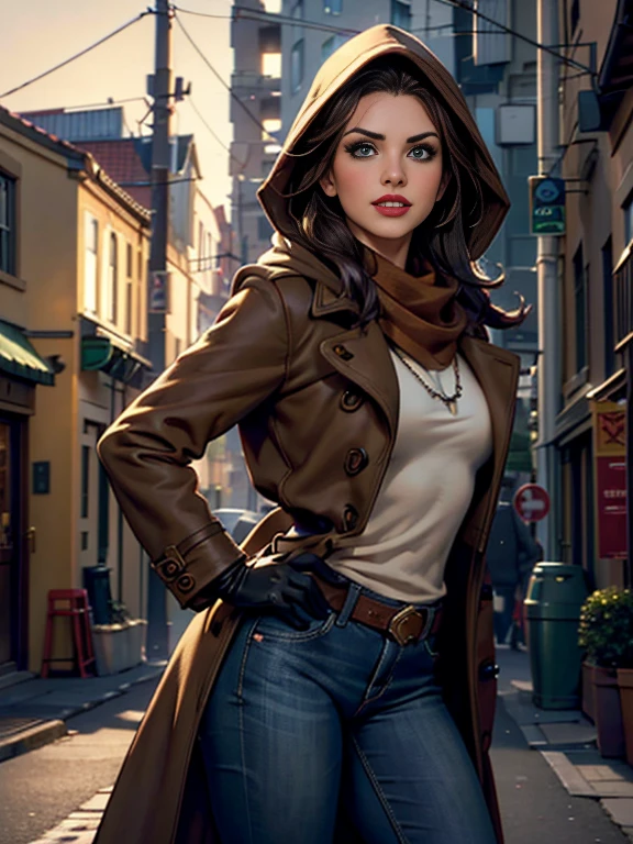 Rachel Bilson、(masterpiece:1.0), (Highest_quality:1.2), (Dark Shot:1.3), Classic Rogue, 1991 Rogue X-Men, 1 girl, Only 1, Head to Toe, standing on street corner, Elegant pose, (clothing: Brown winter coat, Brown color hood, Down lining, White scarf, gloves, jeans) Medium length hair, Brown Hair, Wavy Hair, One gray hair, Green Eyes, Mischievous look, Grin, Lips parted, Red lipstick, Heavy makeup, Confident expression, Backlight, (realism: 1.5), (Realistic: 1.4), (Disorganized:1.4), 8k, Very detailed, Detailed beautiful woman, (background: Midnight, it's snowing, On the streets of New York, Snowy Night), Official Art, Very detailed CG Unity 8k wallpaper, Perfect lighting, colorful, 超High resolution, photograph, 8k, High resolution, Kodak Portrait 400, Film Grain, blurry background, (Bokeh:1.2), (Vibrant_color:1.2), Film Grain:1.2, (Warm colors, Warm Tones:1.2), (color photo), Professional Photograph
