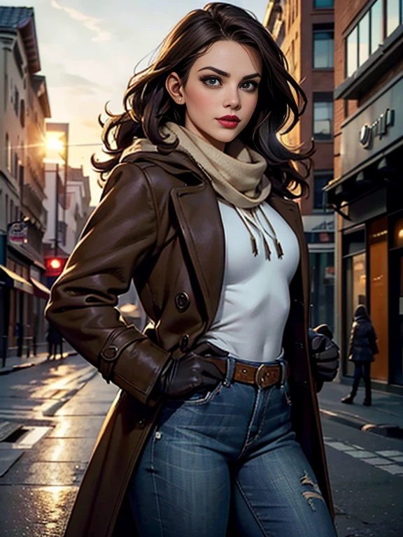 Rachel Bilson、(masterpiece:1.0), (Highest_quality:1.2), (Dark Shot:1.3), Classic Rogue, 1991 Rogue X-Men, 1 girl, Only 1, Head to Toe, standing on street corner, Elegant pose, (clothing: Brown winter coat, Brown color hood, Down lining, White scarf, gloves, jeans) Medium length hair, Brown Hair, Wavy Hair, One gray hair, Green Eyes, Mischievous look, Grin, Lips parted,  Red lipstick, Heavy makeup, Confident expression, Backlight, (realism: 1.5), (Realistic: 1.4), (Disorganized:1.4), 8k, Very detailed, Detailed beautiful woman,  (background: Midnight, it&#39;s snowing, On the streets of New York, Snowy Night), Official Art, Very detailed CG Unity 8k wallpaper, Perfect lighting, colorful, 超High resolution, photograph, 8k, High resolution, Kodak Portrait 400, Film Grain, blurry background, (Bokeh:1.2), (Vibrant_color:1.2), Film Grain:1.2, (Warm colors, Warm Tones:1.2), (color photo), Professional Photograph