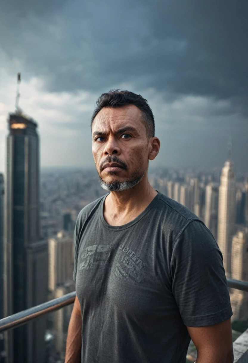 A half-body raw portrait of a man standing on top of a tall building, ultra-realistic, with significant depth of field, cityscape background, detailed textures, dramatic lighting, sharp focus, moody atmosphere.,gutto2024abr 