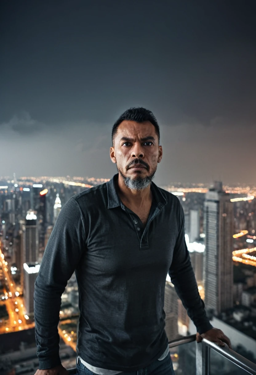 A half-body raw portrait of a man standing on top of a tall building, ultra-realistic, with significant depth of field, cityscape background, detailed textures, dramatic lighting, sharp focus, moody atmosphere.,gutto2024abr 