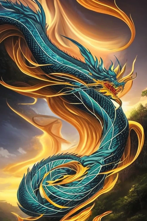 So sublime and divine々A beautiful golden dragon coiled up in the center of the screen, glaring at the camera.。金色のThe dragon is幸せをもたらす神なのでとても有難い存在である。The surrounding area is a canyon where no one can get close, and lightning is flashing in the background.、The sun is shining brightly。The dragon is、I want a realistic image。
